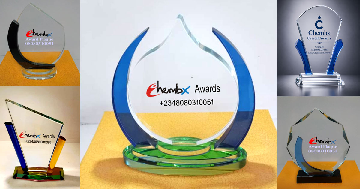 Quality Crystal Awards Plaques Dealer, Sales and Branding Company in Lagos Nigeria offering custom engraved crystal awards, corporate recognition plaques, glass trophies, executive awards, business branding and fast delivery to all cities in Nigeria by Chembx.