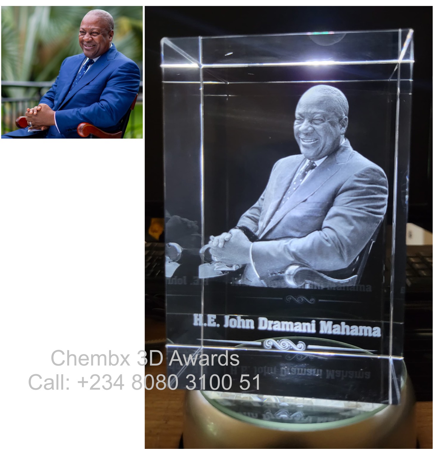 Crystal cube display award with rotating platform