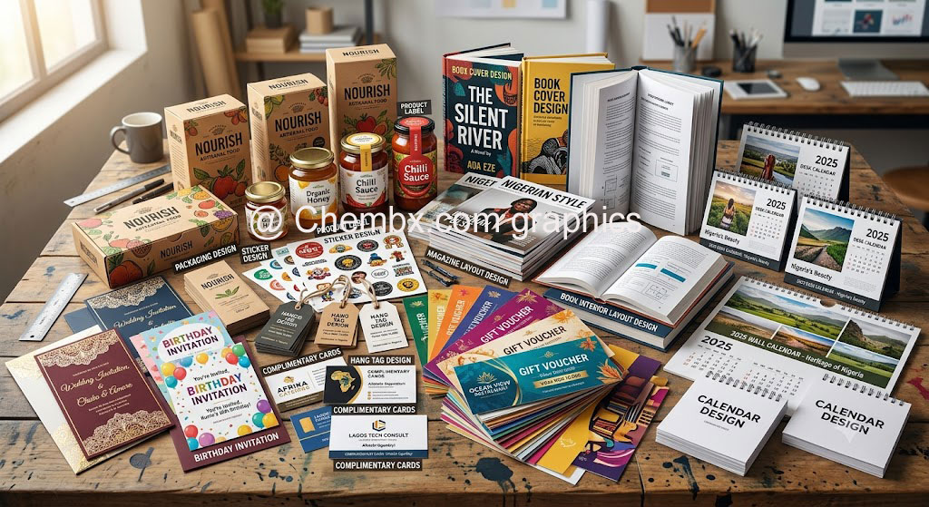 Professional business branding and graphic design services including company logos, ID cards, letterheads, invoices, brochures, banners, and promotional materials by Chembx.