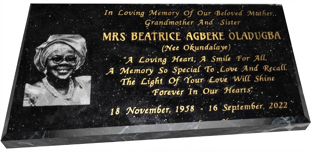 Professional marble headstone engraving, granite designing and memorial printing in Uyo, Yenagoa, Calabar, Asaba, Benin City and Port Harcourt.