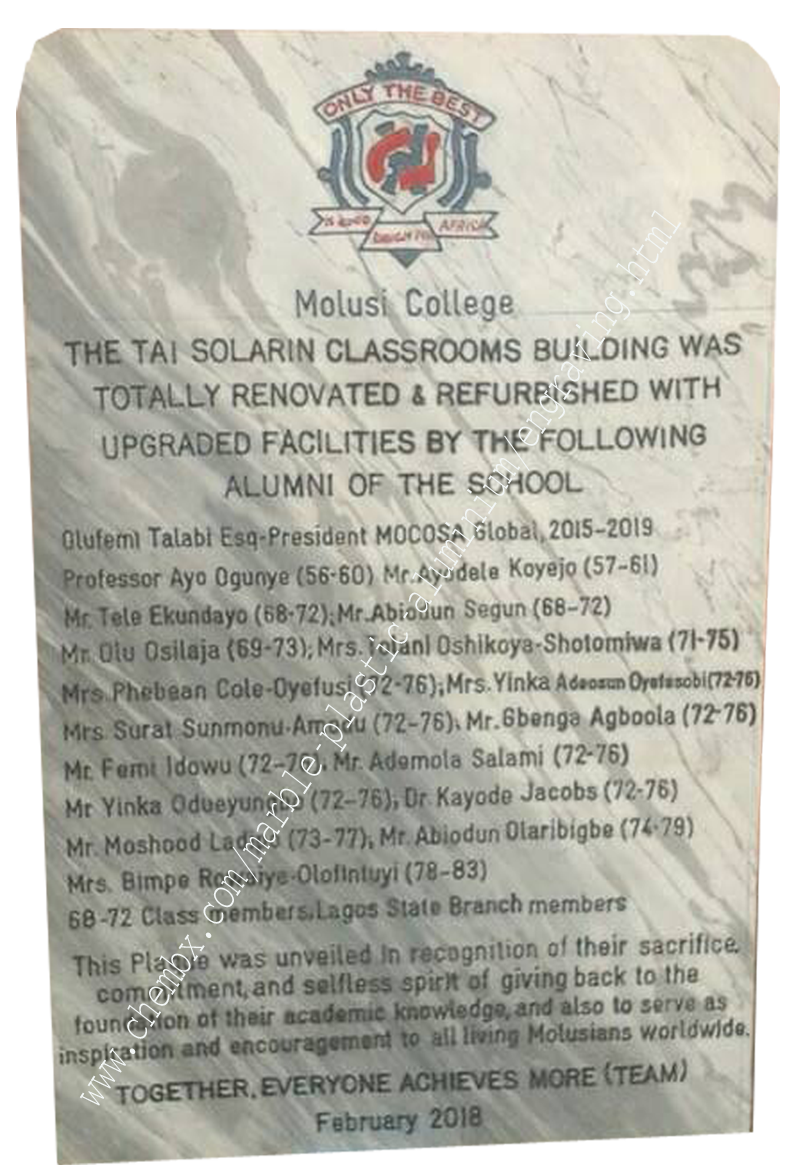 Custom signage engraving on marble, plastic, and aluminum plates by Chembx – Lagos, Nigeria.