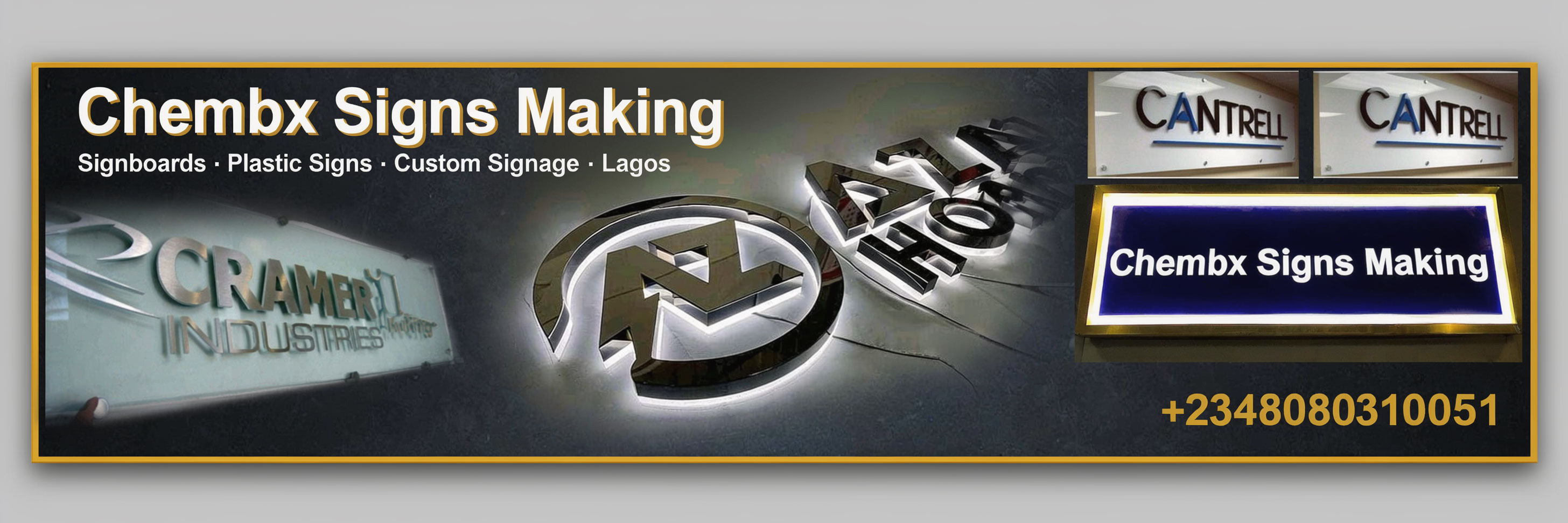 Professional Signboard Maker in Lagos, Nigeria providing custom indoor and outdoor signboards, company signs, office signs, business signage, school signs, church signs, hospital signs, hotel signs, restaurant signs, plastic signs, acrylic signs and installation services with fast delivery to Ikeja, Lekki, Ajah, Ikoyi, Victoria Island, VGC, Igando, Iyana Ipaja, GRA and every city in Lagos State.